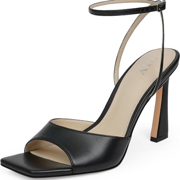 Women's Faux Leather Heeled Sandals 11 Black Square Toe Ankle Strap Dress Shoes - Picture 1 of 7